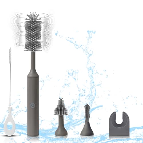 WHNL Electric Baby Bottle Brush Set with Rechargeable Electric Bottle Brush Cleaner and Replaceable Silicone Bottle Brushes and Straw Brush Cleaner, Waterproof Multi-Purpose Cleaning Brush(Grey)