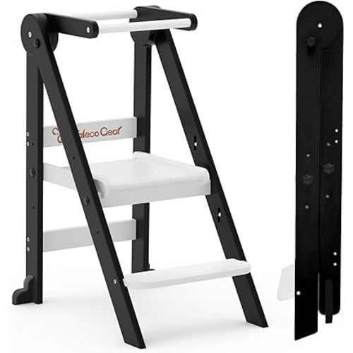 Taleco Gear Foldable Toddler Kitchen Stool Helper, Tower with 3 Adjustable Height, Wooden Toddler Step Stool, Collapsible Tower, Kids Stool for Kitchen and Bathroom