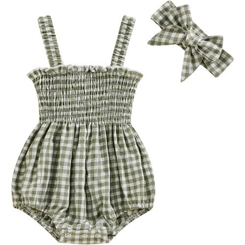 FOMOYUU Newborn Baby Girl Romper Summer Sleeveless Smocked Cotton Linen Clothes Outfit with Headband