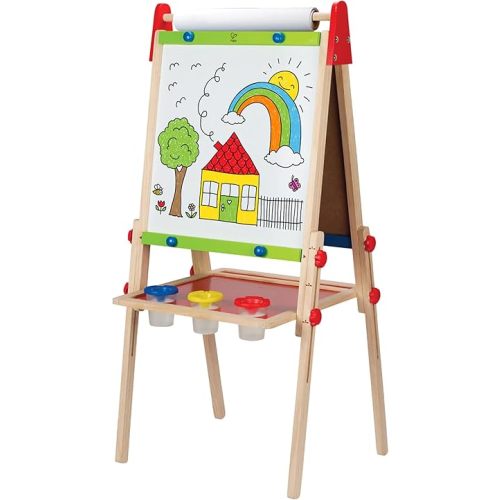 Hape E1010 Magnetic All in 1 Kids Height Adjustable Drawing Dry-Erase Chalkboard Wooden Artist Easel with 3 Paint Pots and Refillable Paper Roll
