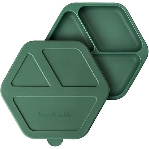 Tiny Twinkle Silicone Suction Baby Plate, Suction Grip Divided Dish for First Foods and Self-Feeding Toddlers, Baby Led Weaning Supplies for Independent Eating (Olive Plate with Lid)