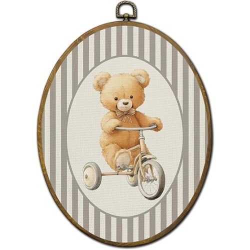 QZQE Bear Nursery Oval Wall Art Decor Framed, Kids Oval Canvas Prints, Whimsical Bear on Tricycle Neutral Striped Wall Hanging Decor for Kids Boys Toddler Room Bedroom Playroom, 8.6x11.4 Inch