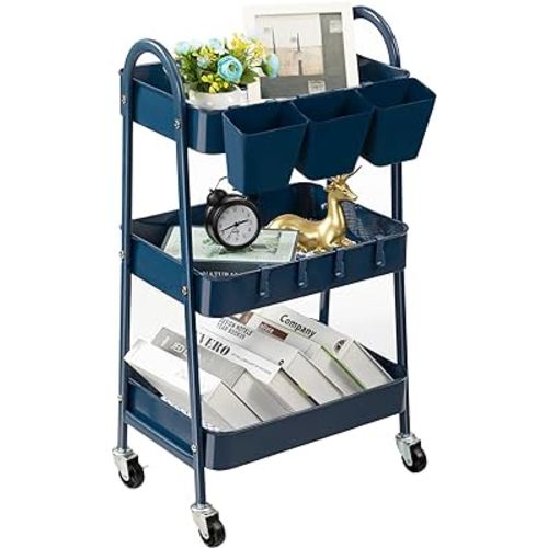 danpinera 3-Tier Rolling Cart, Metal Rolling Storage Cart with Lockable Wheels & Hanging Cups & Hooks, Mobile Trolley Cart for Kitchen, Bathroom, Office, Workshop, Dark Blue