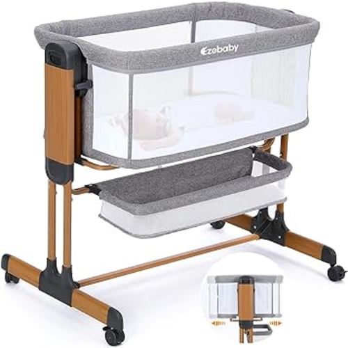 Ezebaby Baby Bassinet, Rocking Bassinet for Baby, Bedside Bassinet with Wheels,Storage Basket,Adjustable 7 Heights and All Mesh Sides, Portable Baby Bassinets Bedside Sleeper for Newborn Infant