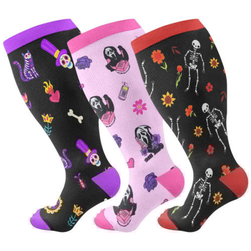 Plus Size Halloween Gothic Skull Print Compression Socks(3 Pairs)