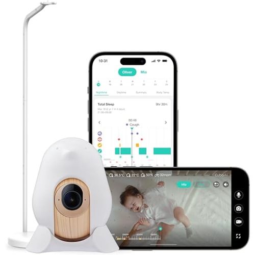 CuboAi 2025 New Model Smart Baby Monitor 3: Sleep Safety Alerts for Covered Face Rollover, 2.5K QHD Night Vision WiFi Camera, 2-Way Audio, Humidity Sensor, Lullabies. App Control (Floor Stand Set)