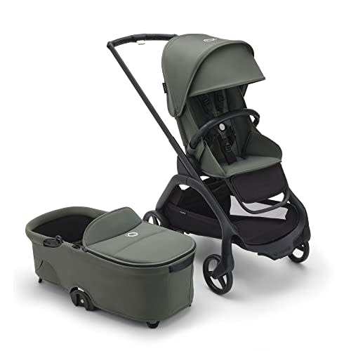 Bugaboo Dragonfly City Stroller with Full-Size Baby Bassinet and Toddler Seat, One Hand Easy Fold in Any Position, Full Suspension, Large Basket, Black Chassis and Forest Green Sun Canopy