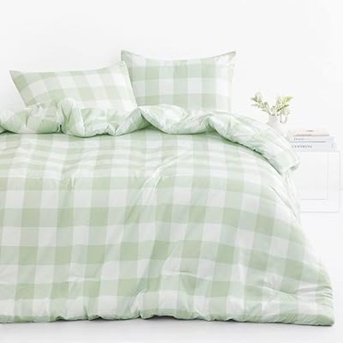 Wake In Cloud - Gingham Comforter Set, Plaid Buffalo Check Checkered Cottagecore Cute Geometric, Soft Lightweight Bedding, 3 Pieces, Sage Green, Queen Size
