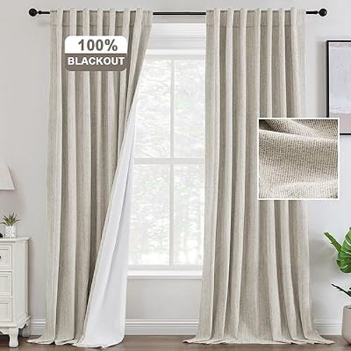 Linen Blackout Curtains For Bedroom Cream Beige Black Out Curtains 84 Inch Long Chenille Curtains 100% Light Blocking Thermal Insulated Room Darkening Living Room Nursery Drapes, 52" W x 84" L,Natural