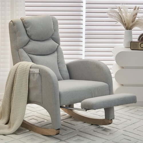 Nursery Rocking Chair with Two Side Pockets & Adjustable Footrest, Cotton Linen Fabric Rocker with High Backrest, Modern Rocking Accent Chair for Living Room, Bedroom, Light Gray