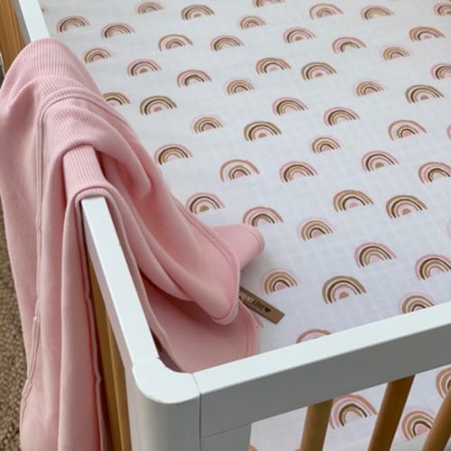 Muslin Crib Sheet, Pink Rainbow
