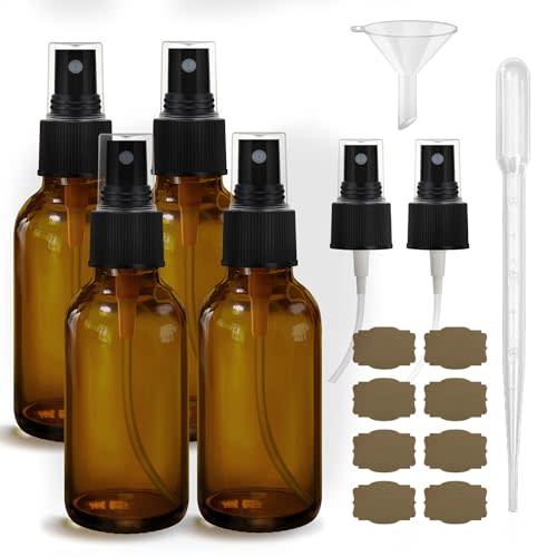 GIVAMEIHF 4 pcs Amber Glass Spray Bottles 2oz, Empty Small Spray Bottle Fine Mist Refillable Sprayer with Funnel Labels Droppers,Mini Travel Bottle for Essential Oils,Hair and Cleaning Solutions