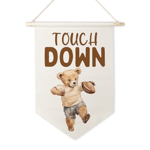 ArtisaEura Bear Nursery Football Wall Canvas Banners, Bear Nursery Decor, Touch Down Football Hanging Display Pennant Banner Flags, Cute Animals Wall Decor for Kids Room Bedroom Playroom