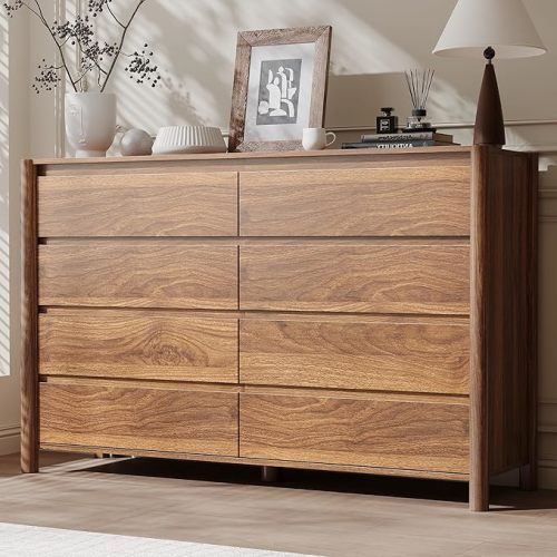 CHUWELL 55" Wide Walnut 8 Drawer Dresser for Bedroom with Solid Wood Legs | Mid Century Modern Chest of Drawers with Hidden Handles , Large Wood Storage Dresser for Bedroom