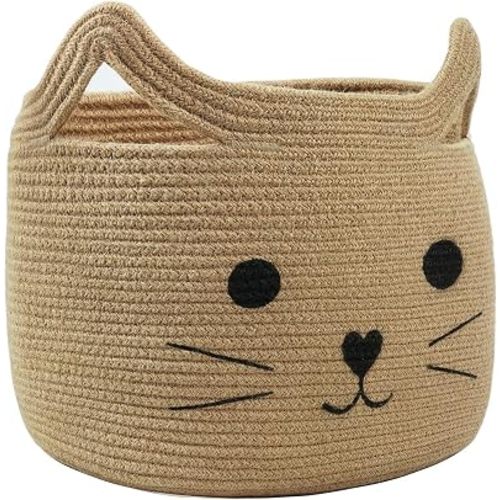 Storage Basket, Large 35L Woven Cotton Rope Baby Bin with Cat face, Cutout Handles, Foldable,Washable, Safe box for Pet's & Kid's toys, Stuffed Animals, Laundry Hamper (Cat - Jute)