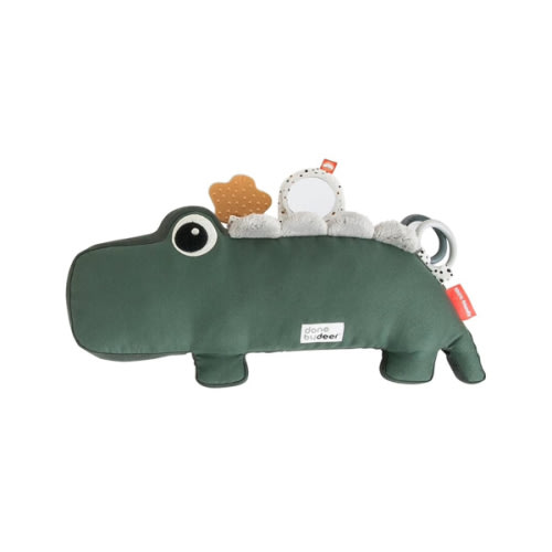 Done by Deer Tummy Time Activity Toy Croco Green - Soft Pillow with Teether, Rings, Mirror, Tags, and Crinkle Sounds for Sensory Exploration & Neck/Back Strength