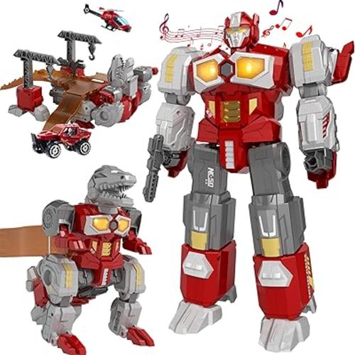 Transforming Toys - Dinosaur Robot Action Figures - Magnetic Assembling Robot Toys for Kids All-in-One Design Transforming Animals, Robots, Military Base Including Battle Guns, Cars, Airplane Models