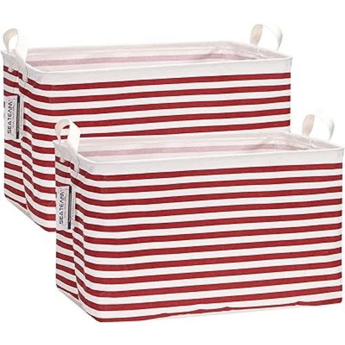Sea Team 2-Pack Collapsible Canvas Fabric Storage Basket with Handles, Rectangle Waterproof Storage Bin, Box, Cube, Foldable Shelf Basket, Closet Organizer, 16.5 x 11.8 x 9.8 Inches, Red Stripe