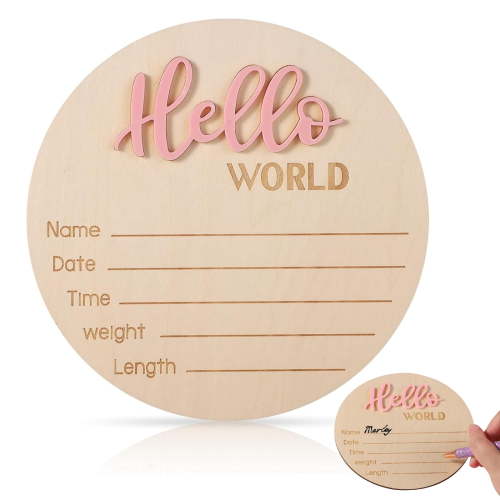Wooden Baby Announcement Sign, 5.9Inches Hello World Newborn Signs, Double Sided Birth Announcement Sign, Lovely Babies Name Plaques for Photo Prop Ba-by Shower Hospital Nursery Gift.