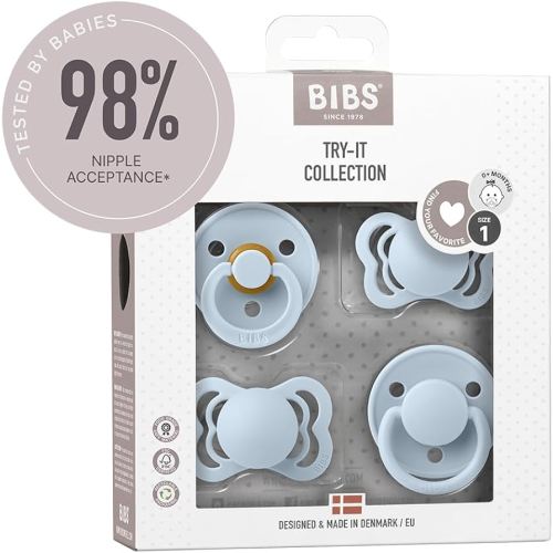 BIBS Try-It Collection | 4-Pack Soothers | BPA-Free Round, Anatomical & Symmetrical Nipple | Natural Rubber Latex/Silicone | Made in Denmark | 0-6 Months | Baby Blue