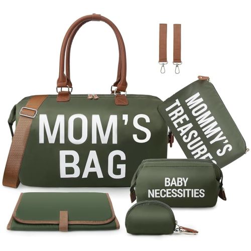 printe 6pcs Large Diaper Bag Tote with Changing Pad & 2 Organized Pouches, Mom's Bag for Hospital with Pacifier Case, Straps, Stroller Hook, Baby Diaper Bag for Weekender Travel, Olive Green