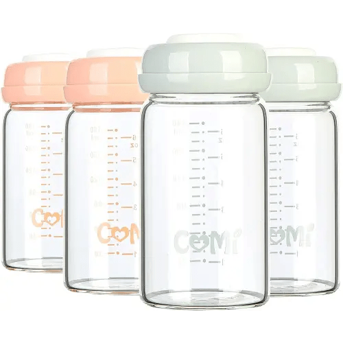 COMI Wide Neck Glass Breastmilk Collection n Storage Bottle, 4 Packs, 6oz with Screw Ring Sealing Disk; Re-markable Sealing Disc. BPA Free, Fits Breast Pumps & Nipples (2 Gray Lids + 2 Pink Lids)