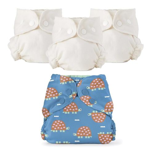 Esembly Cloth Diaper Bundle – 1 Turtles Waterproof Outer and 3 Organic Cotton Inners – Reusable, Washable, Blowout-Proof Diapering System – Size 1 (7–17 lbs)