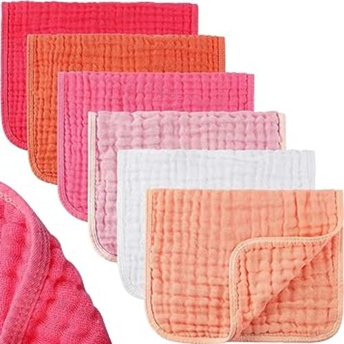 Hicarer 6 Pieces Large 20 x 10 Inch Muslin Burp Cloths Multi-Colors Washcloths Baby Burping Cloth Diapers 6 Absorbent Layers Muslin Face Towels (Pink Series)