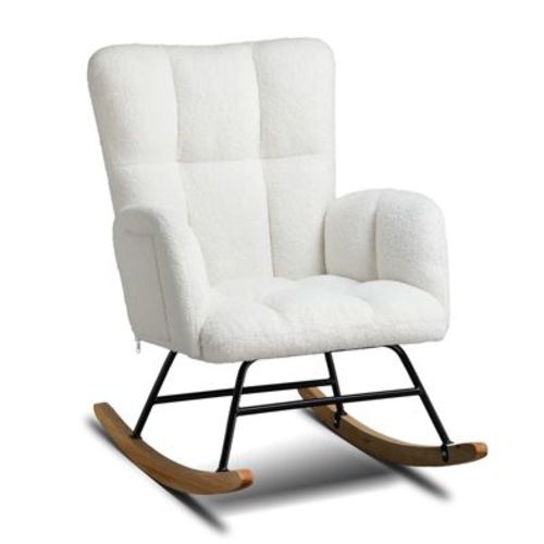 Comhoma Modern Nursery Rocking Chair, Teddy Upholstered Glider Accent Chair With Side Pockets, High Backrest, White