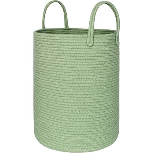 Large Green Laundry Basket, 15"x18" Tall Woven Cotton Rope Bin for Blankets Clothes, Baby Nursery Laundry Hamper, Kids Toy Storage Bin, Green Living Room Bedroom Decor Baskets for Organizing