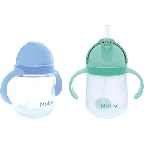 Nuby No-Spill Clik-it Silicone Straw Toddler Cup - (2 Pack) 8 oz - 360 Weighted Straw Toddler Sippy Cup for 1+ Year Old - Blue/Mint Green