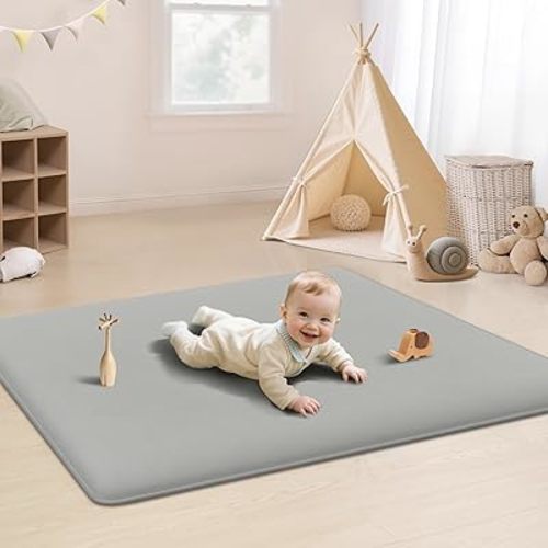 PapaMama Baby Play Mat for Floor,1.3" Thick Elasti-Foam 50"×50" Playpen Mat for Tummy Time,Water Repellent Soft Coral Velvet for Toddler,Infant,Kids,Non-Slip Backing Safe for Crawling(LightGrey)
