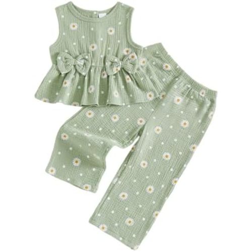 Kaipiclos Infant Baby Toddler Girl Clothes Daisy Linen Outfits Bows Shirts Long Pants 6 12 18 24 Months 3T 4T Girls Clothing