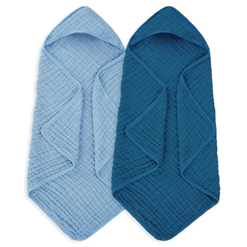 MIGIOL Muslin Hooded Baby Towels 100% Cotton ，Super Soft Muslin Baby Bath Towel - 32 x 32 Inches, Suitable for Newborn and Young Children up to 3 Years Old. (Light Blue & Dark Blue)