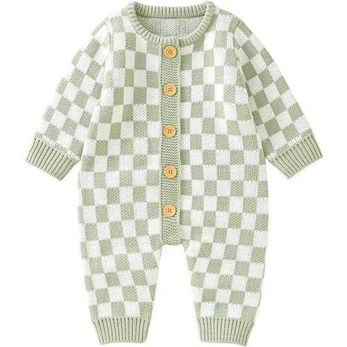 Gueuusu Infant Baby Girl Boy Knitted Sweater Romper Jumpsuit Checkerboard Plaid Print Long Sleeve Button Down Bodysuit