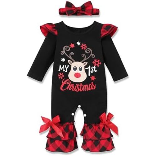 My First Christmas Baby Girl Outfit - Infant Christmas Romper Cute Lantern Sleeve Jumpsuit
