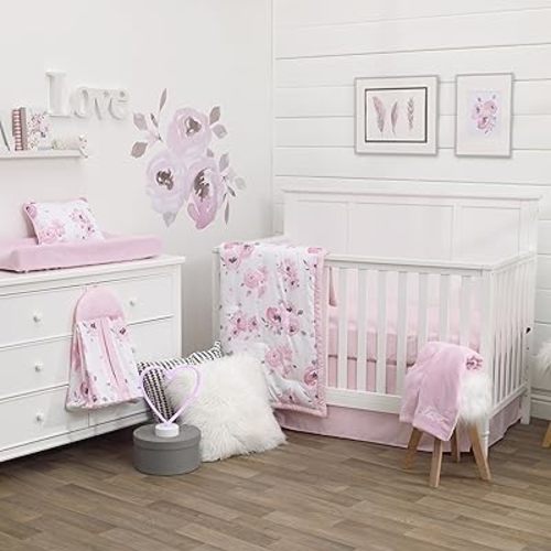 NOJO Dreamer Watercolor Floral 8 Piece Nursery Crib Bedding Set, Rose/Pink/White