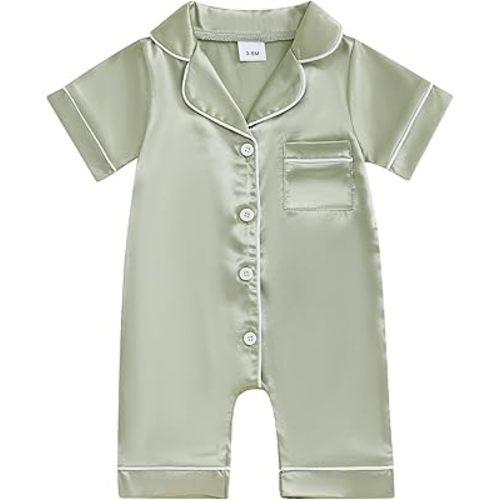 Kuriozud Baby Girl Boy Silk Pajamas Summer Pjs Stain Onesie Romper One-Piece Jumpsuit Lapel Button Down Sleepwear 0-24M
