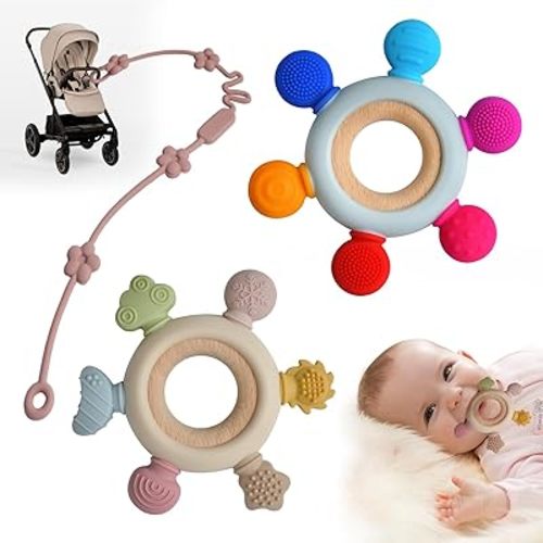 3 Packs Teether Rings for 0-6 6-12 Months Babies, Teething Toys with Pacifier Clip Holder, Baby Chew Toys for Sucking Needs, Baby Essentials