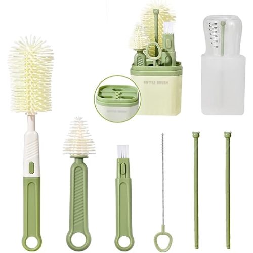 Baby Bottle Brush Set-Travel Essential-6 in 1 Portable Travel Bottle Cleaner Kit with Silicone Brush, Drying Rack, Nipple Brush, Straw Brush, Bottle Mouth Brush, Storage Box for Home and Travel, Green