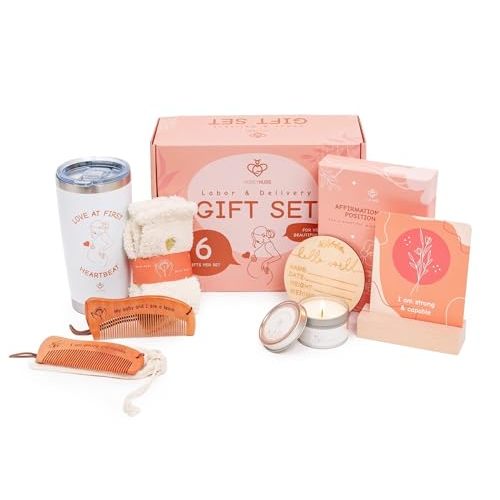 Labor and Delivery Essentials for Pregnant Women - Expecting Mom Gifts with Labor Comb, Pregnancy Socks, Affirmation and Labor Prep Position Cards, Candle, Tumbler and More