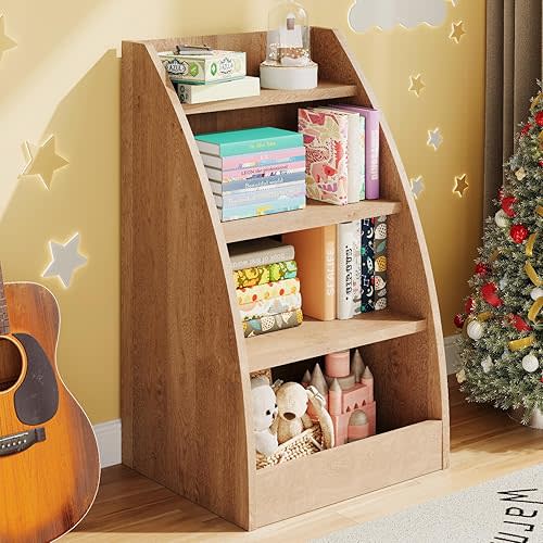 Kids Bookshelf,4 Tier Kids Book Shelf for Kids Rooms,Wood Children Bookcase,Baby Storage Book Rack,Toddler Bookshelf, Book and Toy Organizer,Book Display Shelf for Bedroom, Playroom, Nursery