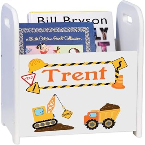 Personalized Kids Book Caddy & Storage Bin – Construction Design | Custom Name Children's Bookshelf | Boys' Baby & Nursery Gift