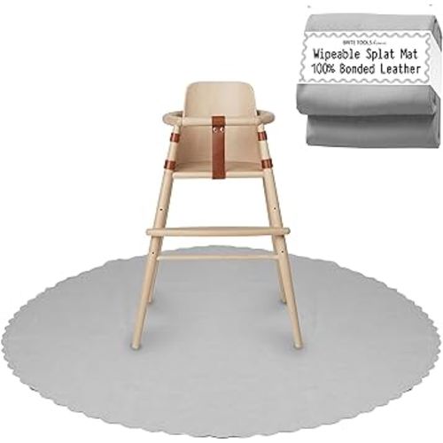 Brite Tools Premium Leather Splat Mat Under High Chair 52” Anti-Slip Bonded Suede Backing Wipeable Waterproof Stain Spill Resistant Floor Cover Portable Baby Drop Table Cloth Blanket (Grey (Round))