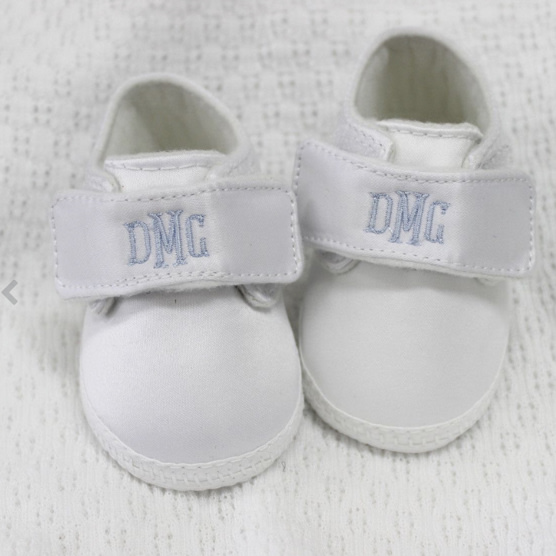 Boys Personalized Baby Shoes | White Satin Baptism Christening Shoes Baby Boy - Hiccups Children's Boutique 6 weeks -