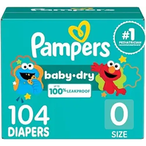 Pampers Diapers - Baby Dry - Size 0, 104 Count, Absorbent Disposable Newbort Diaper (Packaging May Vary)
