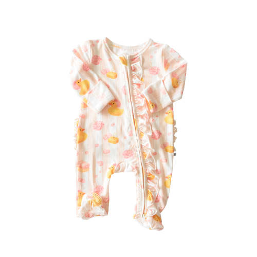 Ruffle Zipper Footie in Bubble Duckies Pink | Caden Lane