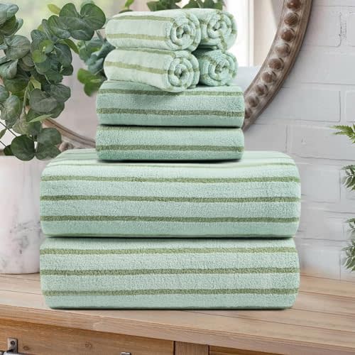 8 Pcs Green Cabana Stripe Large Bath Towel Set Oversized Bath Sheet-2 Bathroom Towels,2 Hand Towels,4 Washcloths Soft Jumbo Absorbent Shower Towel Quick Dry Beach Chair Spa Gym Hotel Towel