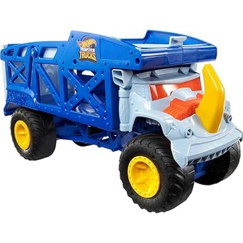 Hot Wheels Monster Trucks Toy Hauler, Oversized Truck Carries & Stores 12 1:64 Scale Monster Trucks or 32 Cars, Monster Mover Rhino