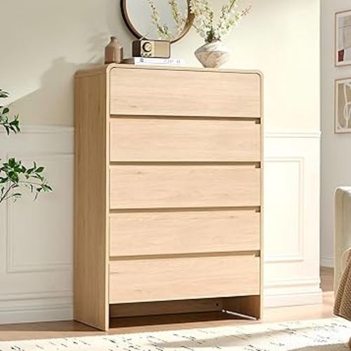 AMERLIFE 5 Drawer Dresser for Bedroom, 48" Tall Modern Chest of Storage Drawers with Rounded Corners, Anti-Tip Kit, Wood Cabinet Organizer for Closet, Living Room, Nursery, Easy Assembly, Light Oak